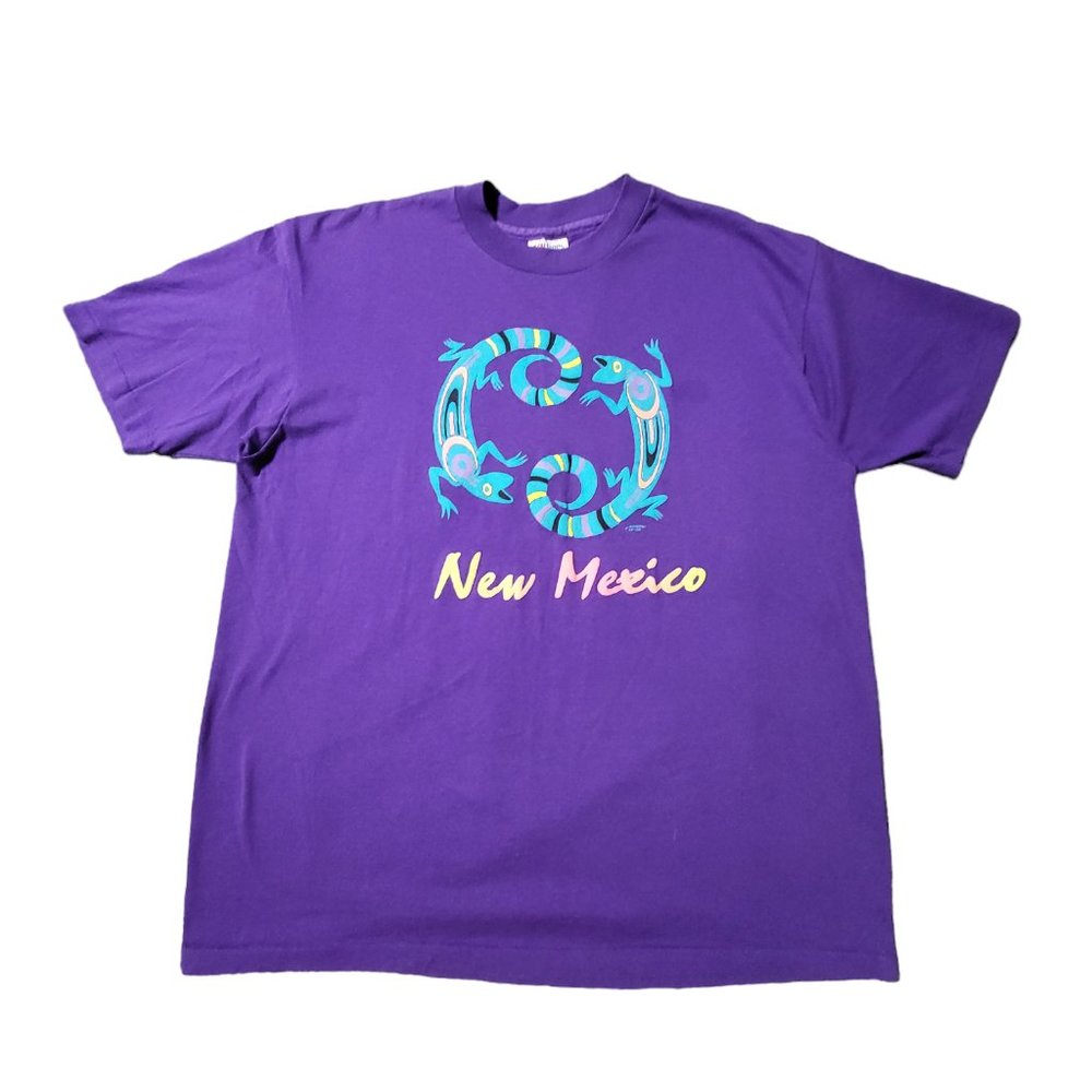 Vintage New Mexico 90s Puffy Graphic Print Short Sleeves T-shirt Purple and Teal